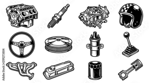 Automotive Parts Vector Icons: Engine, Steering Wheel, Carburetor, Helmet, Spark Plug, Filter, Coil, Gear Shift, Exhaust, Piston