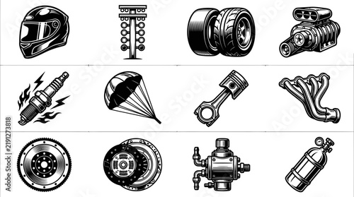 Black and White Vector Icons of Automotive Racing Parts on White Background