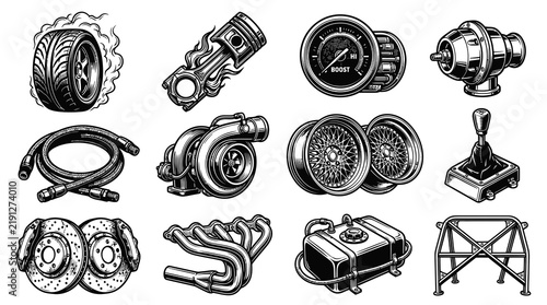 Black and White Line Art Vector of Automotive Performance Car Parts