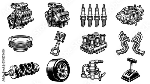 Automotive Hot Rod Performance Car Engine Parts and Accessories Black and White Line Art Set