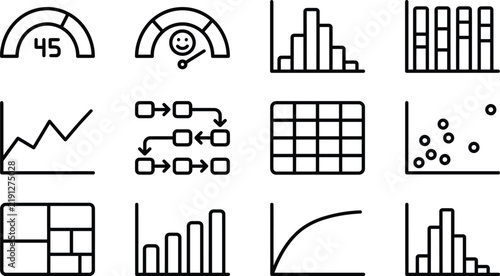 Obraz na płótnie Data visualization and business intelligence dashboard icons set featuring performance gauges charts histograms scatter plots flowchart process mapping and analytics vector elements