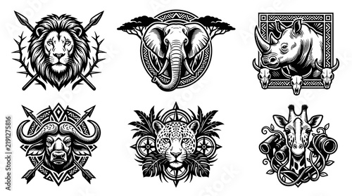 Black and White Tribal Line Art Safari Animals Vector Collection - Wildlife Big Five Engraving Style
