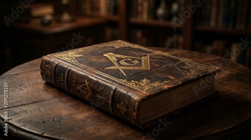 Antique leather bound volume featuring a gold Masonic compass, square, and letter G.
