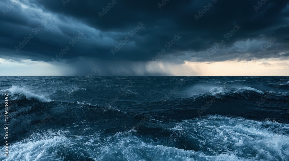 Fototapeta premium Dramatic storm over the ocean: dark clouds, rain curtain, and foaming waves in a moody seascape