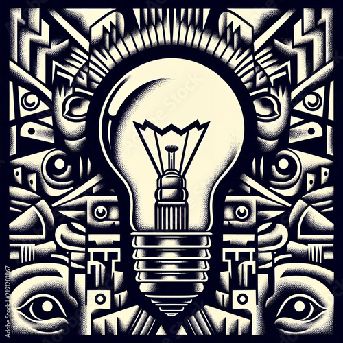 A glowing light bulb with intricate geometric patterns and eyes surrounding it, symbolizing creative insight. Podcast cover for innovation and brainstorming episode.