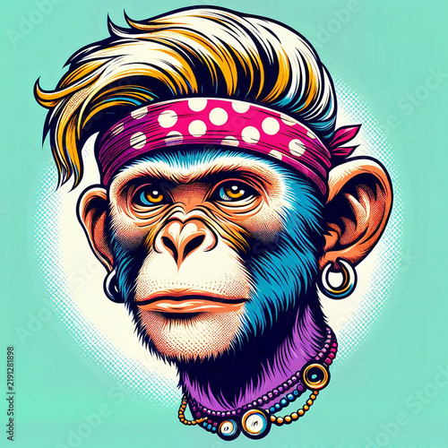 A vibrant illustrated chimpanzee with colorful hair, a polka-dot headband, and beaded necklaces against a teal background. Podcast cover for creative personality or music artist