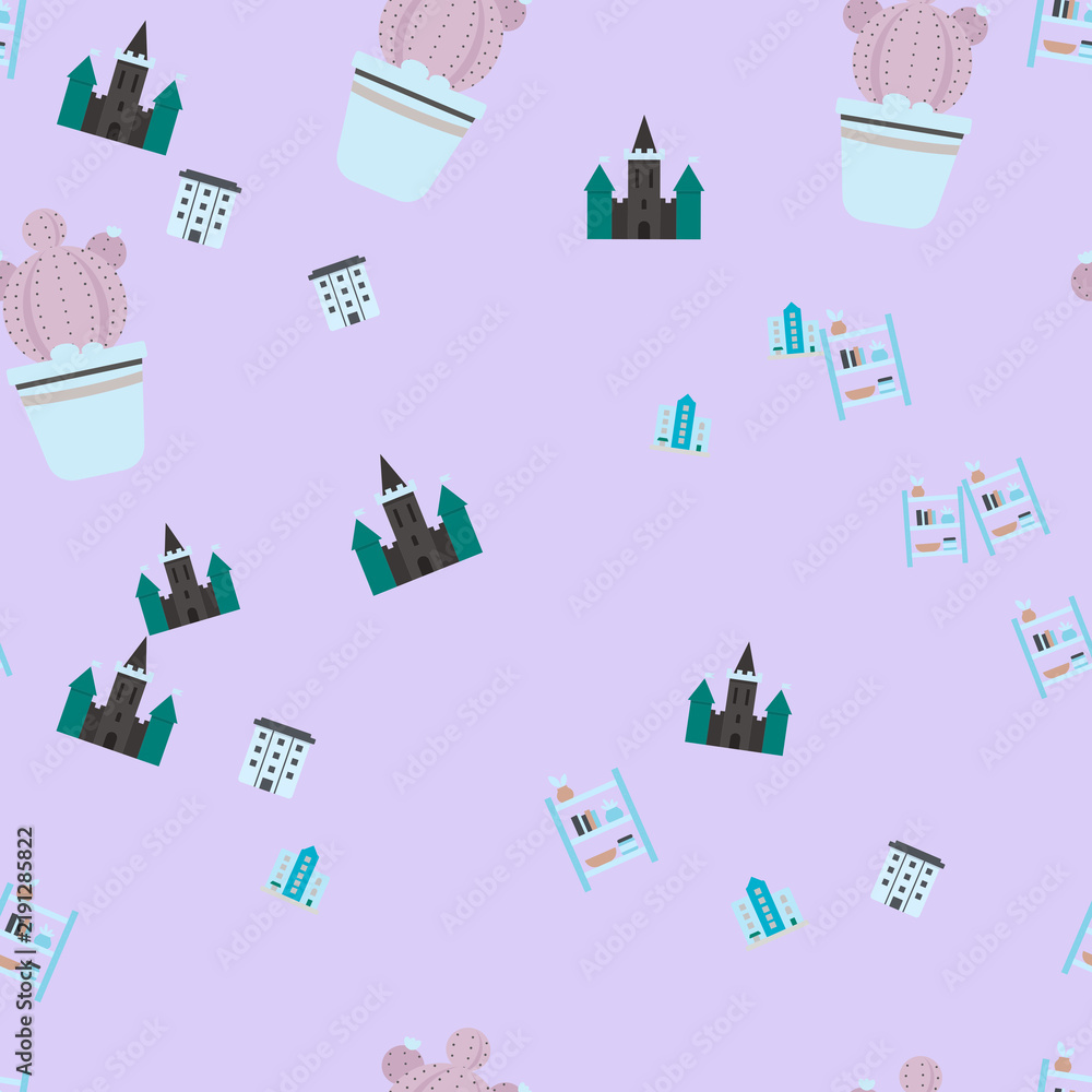Seamless pattern of cartoon castles, potted cacti, and buildings