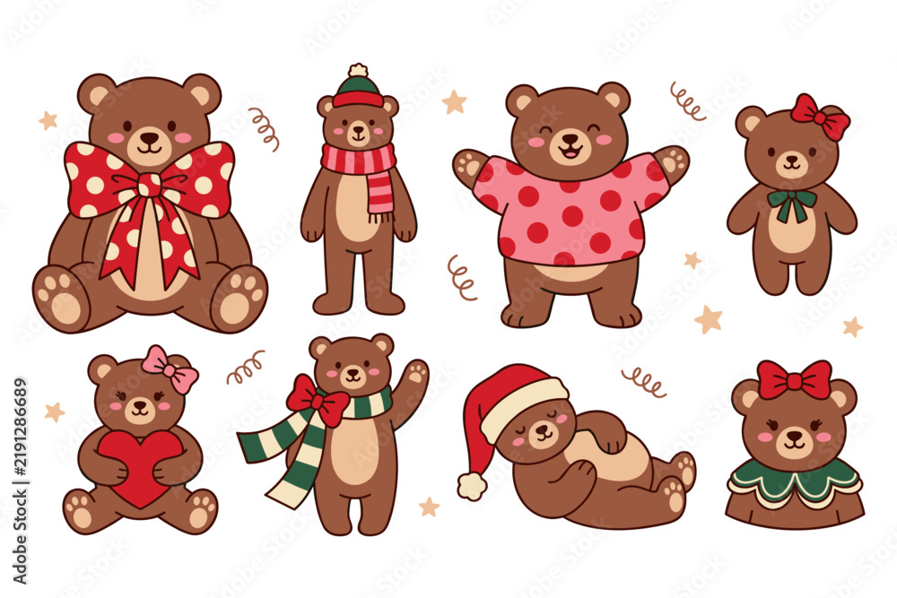Fototapeta premium Adorable cartoon teddy bears in festive Christmas winter attire, holding a heart, waving, and relaxing