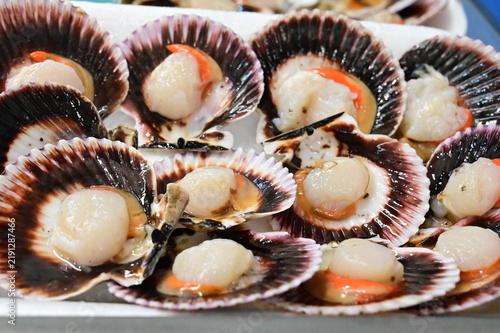 Fresh seafood display at a market featuring scallops in shells