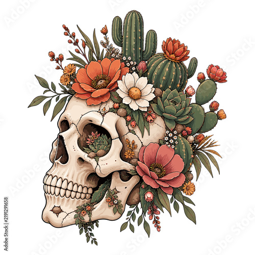 Floral human skull with desert succulents and poppy flowers
