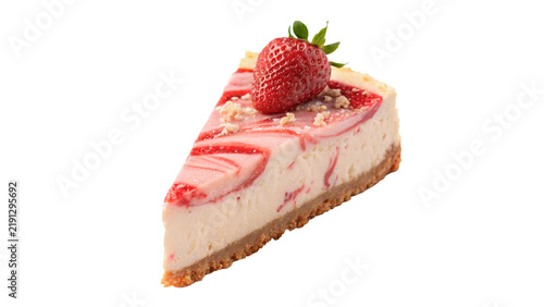 Slice of sweet strawberry pink layer cheesecake dessert isolated on transparent background.