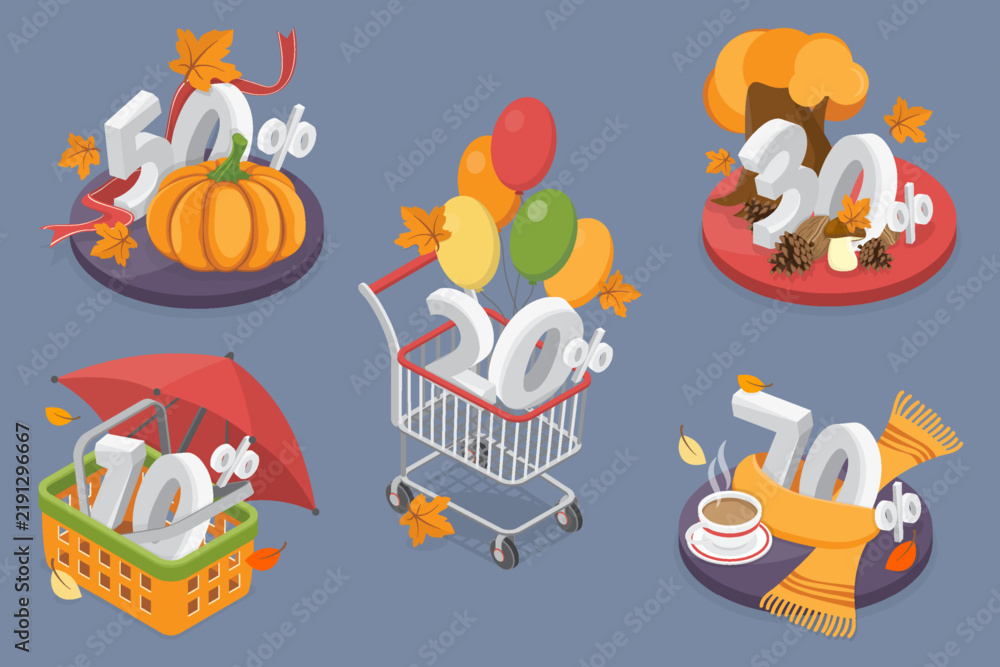Fototapeta premium Autumn sale, discount or bonus concept. 10, 20, 30, 50, 70 percent with basket, shopping cart, podium. 3d flat isometric vector illustration for retail promotions and advertising campaigns.