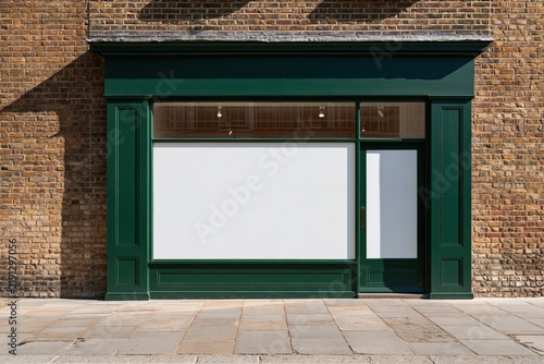 Empty green shopfront with large blank display window and glass door for retail signage mockup and exterior banner design