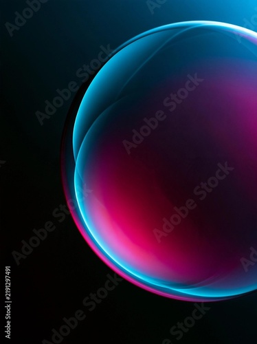 Abstract digital art piece with a dark background. in the center of the image, there is a large, spherical object that appears to be made up of different shades of blue and pink.