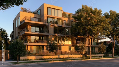 Exterior of a contemporary apartment complex featuring balconies and warm daylight