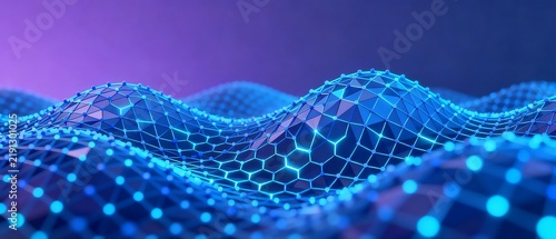 Abstract Digital Network Wave with Glowing Hexagonal Grid Structure