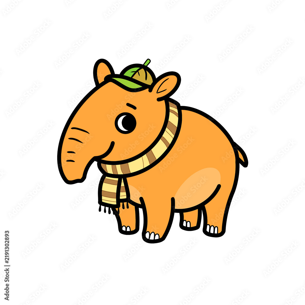 Obraz premium Cute Cartoon Baby Elephant Wearing a Green Winter Hat and Yellow Striped Scarf Illustration