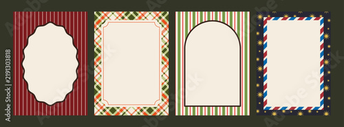 Cute Christmas Frame and Border Set with Bows, Plaid Ribbons, and Wavy Scalloped Shapes for Holiday Cards, Invitations, Prints, and Festive Decor