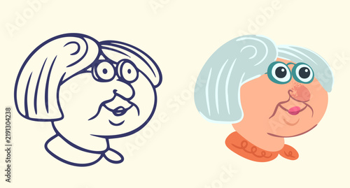 Cute senior woman portrait with bob haircut and round glasses, funny elderly female character vector illustration in linear stroke and flat color set.