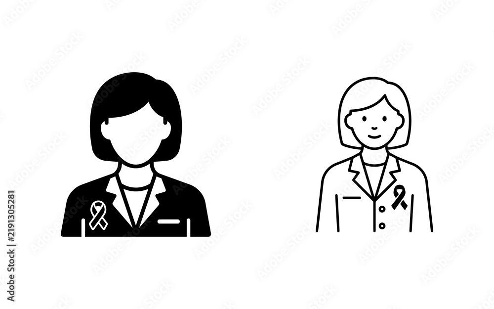 Fototapeta premium Doctor woman vector icon set with cancer awareness ribbon in solid and outline style