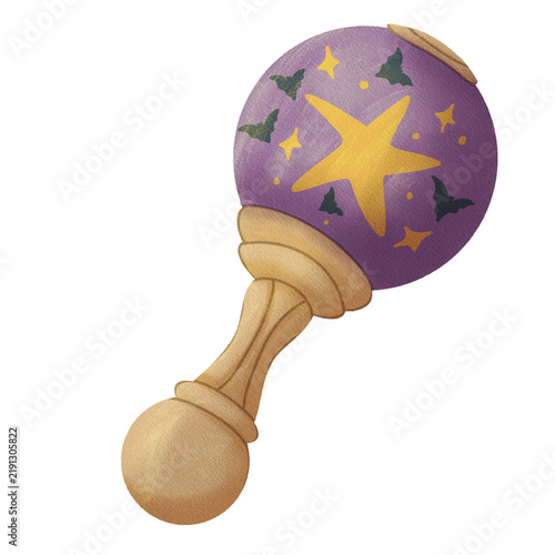Purple Halloween Wand with Stars and Bats Watercolor Clipart