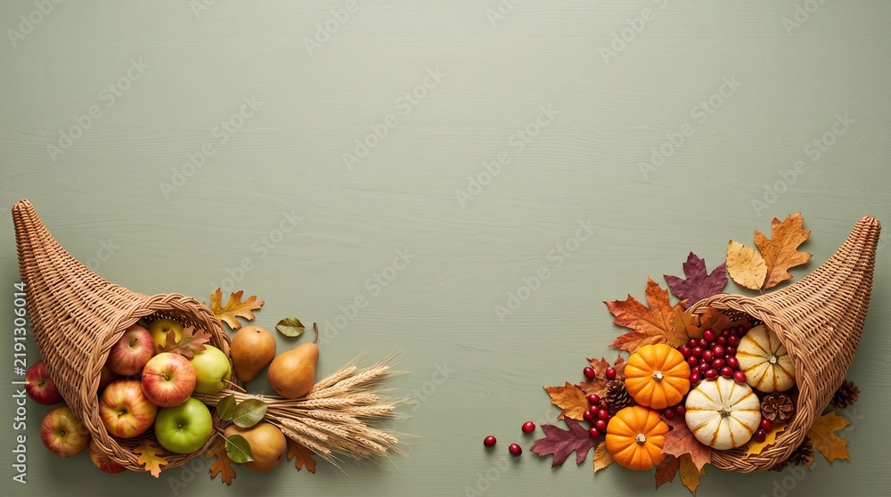 Fototapeta premium Two decorative cornucopia baskets filled with fresh harvest fruits and autumn vegetables for a festive thanks giving celebration