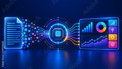 Obraz na płótnie Digital document transformation into visual analytics dashboard through central processing and automated data extraction pipeline