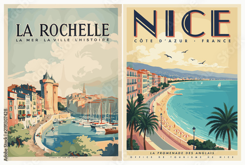 Vintage travel posters depict two French coastal cities. Left shows La Rochelle with its historic tower and harbor. Right portrays Nice with palm trees, seaside, and distant sailboats