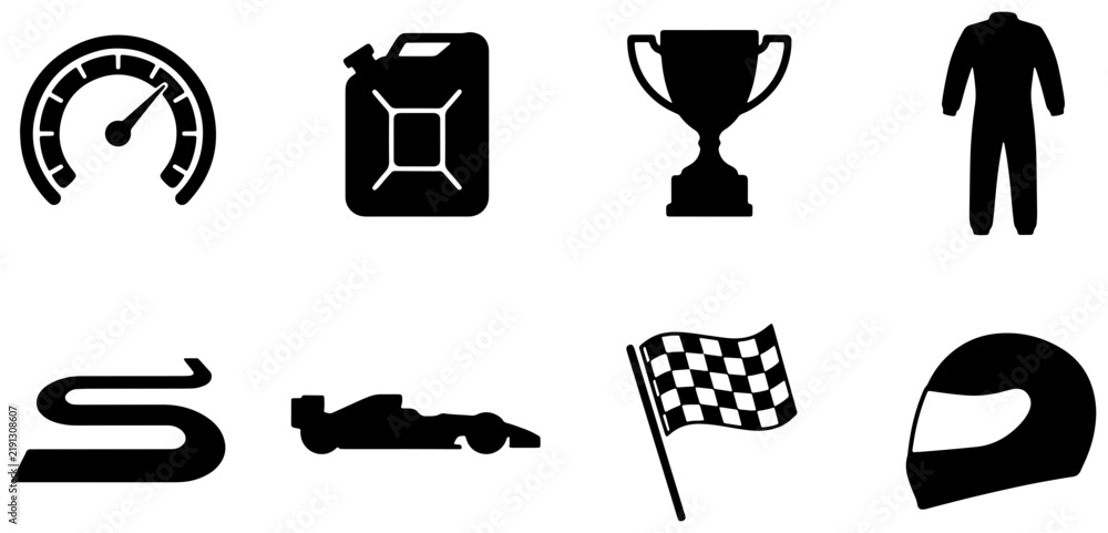 Obraz premium Racing Icons Set: Speedometer, Fuel Can, Trophy, Suit, Track, Race Car, Checkered Flag, Helmet. Vector Graphics for Motorsport and Competition.