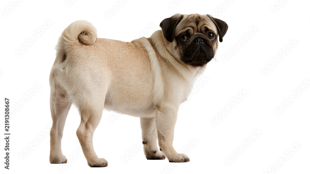 Obraz premium Fawn colored pug dog standing and looking back with a curled tail