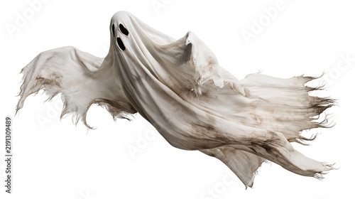 Foto Floating white ghost figure with tattered fabric and dark hollow eye sockets