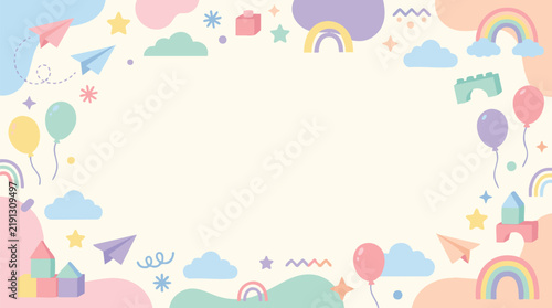 Cute Pastel Kids Frame with Rainbows Balloons and Paper Planes