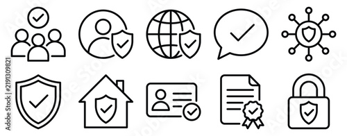 Trusted icon set line style security shield collection for protection guarantee and reliable graphic