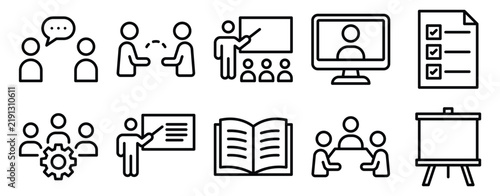 Training class icon set solid mix style education classroom collection for learning presentation and study graphic