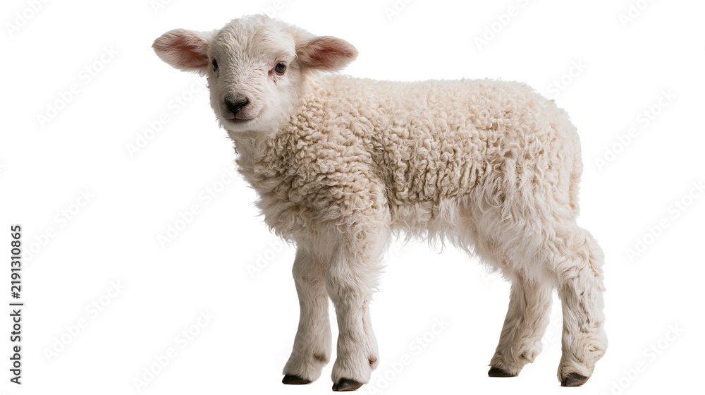 Fototapeta premium Fluffy white baby lamb standing and looking forward