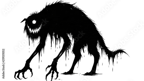 Black silhouette of a monstrous creature with sharp claws and glowing white eyes