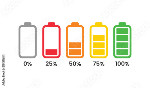 Battery charge level indicators set showing different power status from empty to full vector