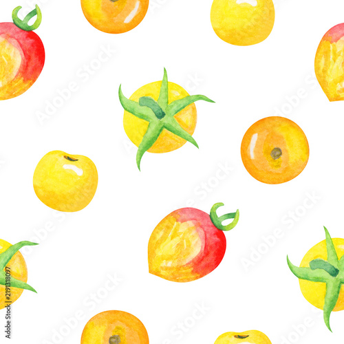 Bild auf Leinwand Seamless pattern of yellow and red tomatoes with green stems on a transparent background