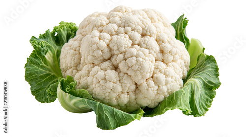 Fresh whole cauliflower head with vibrant green leaves