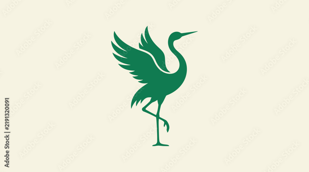 Obraz premium Minimalist green crane bird silhouette icon isolated on a light background.