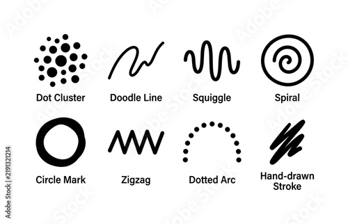 Doodle Dot Patterns, solid glyph icon set featuring dot cluster, doodle line, squiggle, spiral, circle mark, zigzag, dotted arc, hand-drawn stroke, covering hand-drawn dot and doodle line pattern