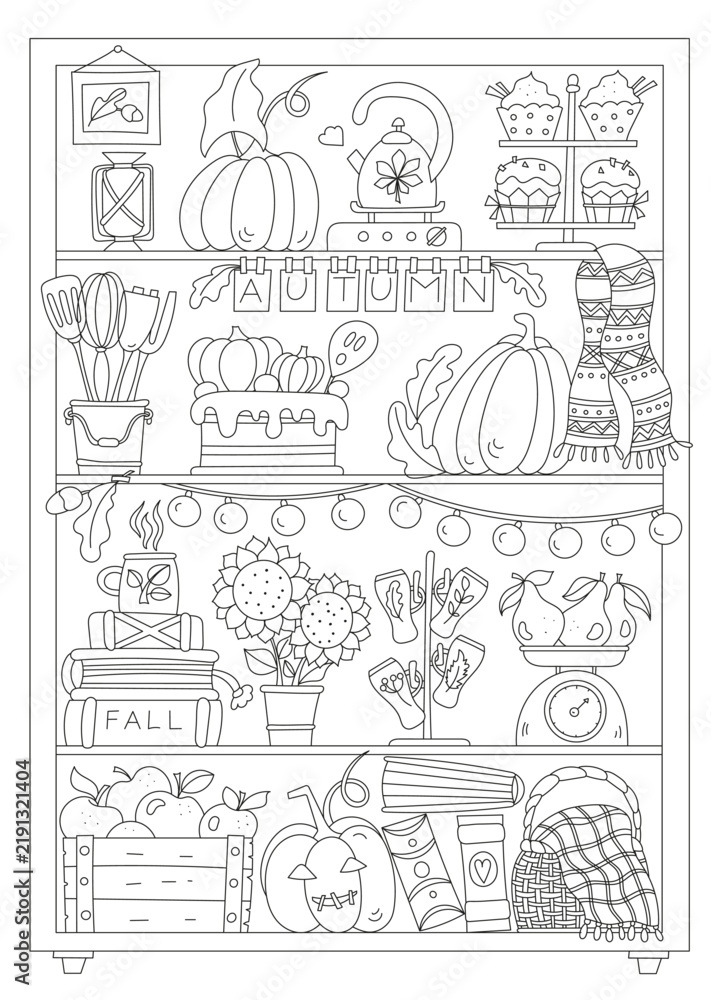 Obraz premium Fall Decorations On Bookshelves And Coloring Page For Kids And Adults