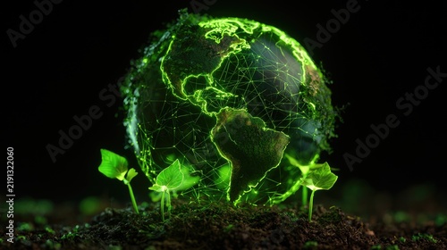 Glowing Earth Sprout Growing from Soil with Green Light.