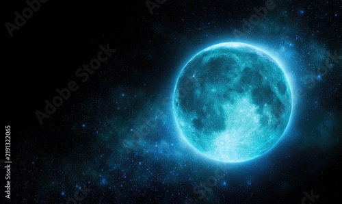 Glowing Blue Moon Illuminates Starry Night Sky.