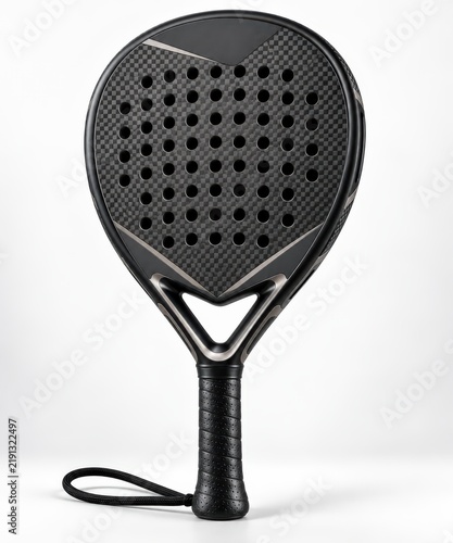 Sleek black padel racket, showcasing its intricate carbon fiber texture and perforated design, presented in an upright position against a light gray seamless background.
