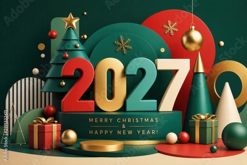 Merry Christmas Happy New Year 2027 holiday greeting card
