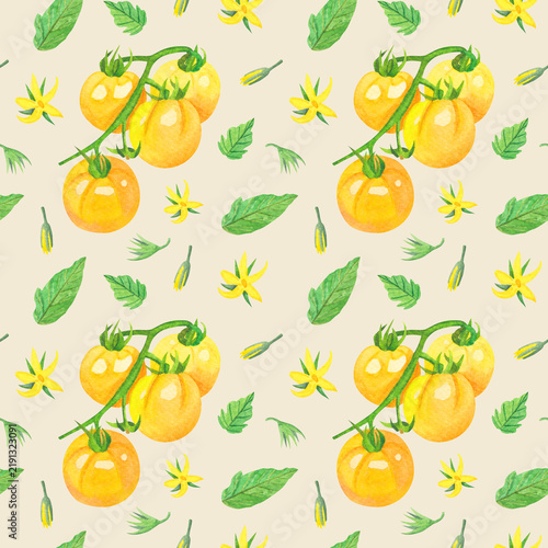 Konstfotografi Seamless pattern featuring yellow cherry tomatoes, green leaves, and flowers on a beige background