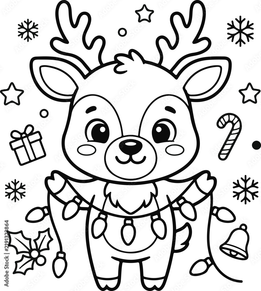 Obraz premium Cute cartoon reindeer holding christmas lights with gift, candy cane, bell, holly, and snowflakes