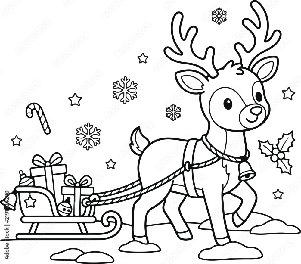 Fototapeta premium Cute cartoon reindeer pulling a sleigh with presents and ornaments