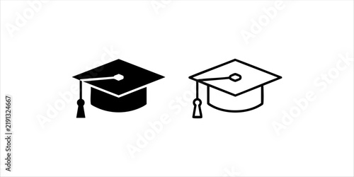 Graduation Cap Icon Set, Academic Mortarboard Vector Illustration in Flat Solid Glyph and Line Art Styles for Education, Degree, and Knowledge Concept